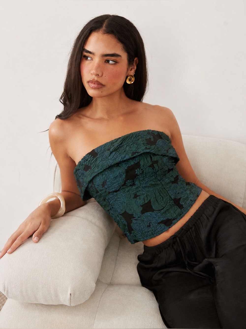 Lulus size Medium strapless dark green floral top